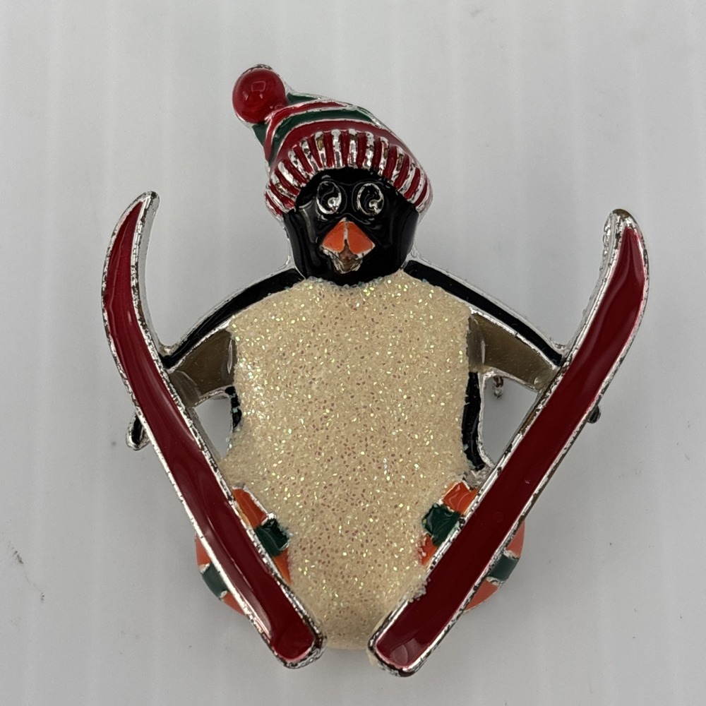 Vintage Snowman Penguin On Skis Brooch Pin Enamel Glittery Christmas